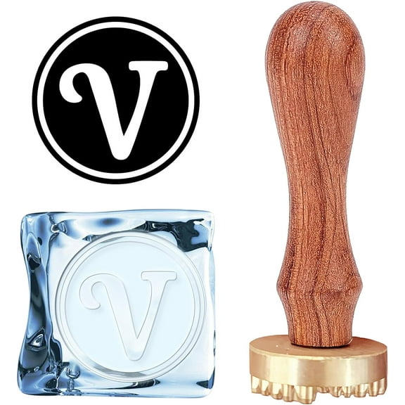 Letter V Ice Stamp Initials Ice Cube Stamp 1.2inch with Removable Brass Head Replacement Wood Handle Ice Branding Stamp DIY