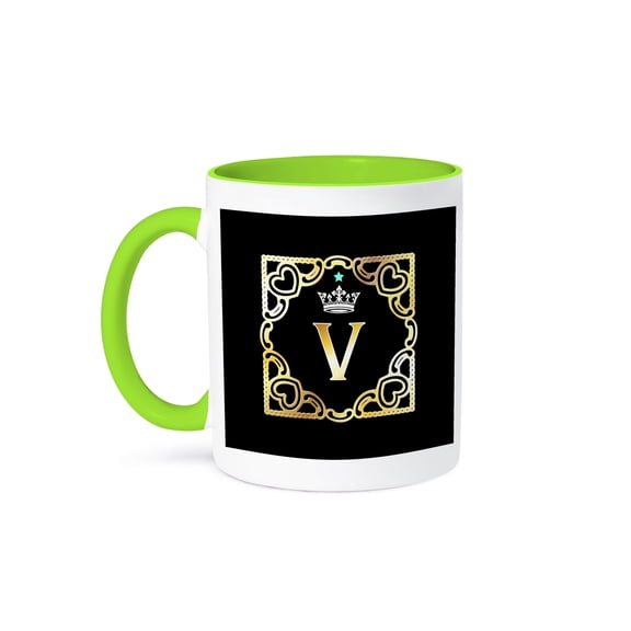 3drose, Letter V- Image of Monogram with Crown and Blue Star- Not Metal Foil, 15oz Two-tone Green Mug