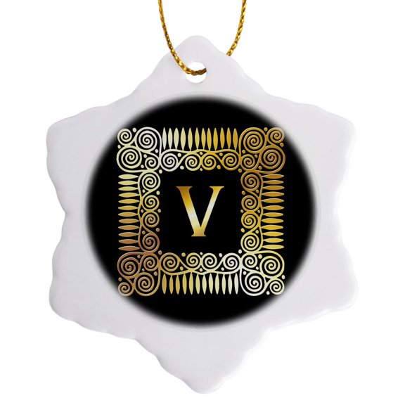 3drose, Letter V- Image of Spirals Forming a Square- Not Metal Foil, 3 inch Snowflake Porcelain Ornament