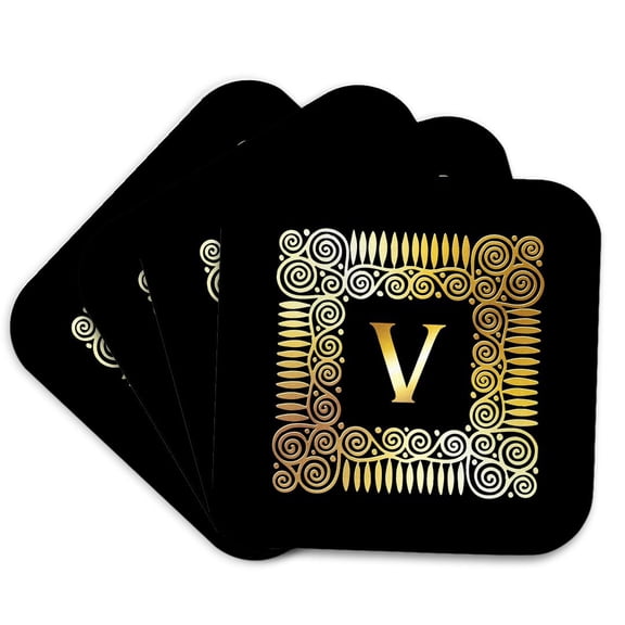 3drose, Letter V- Image of Spirals Forming a Square- Not Metal Foil, Set of 4 Coasters - Soft