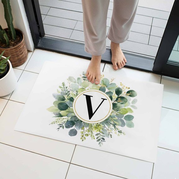Letter V Indoor Door Mat 18x30 Inch Alphabet Green Eucalyptus Leaves Plant Simple Front Door Mat Non Slip Washable Entryway Rug Low Profile Dirt Trapper Doormat for Bathroom Kitchen Bedroom