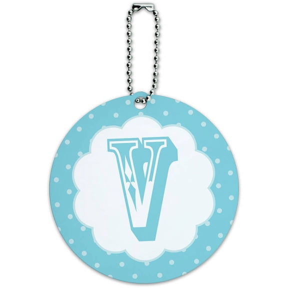 Letter V Initial Flower Blue Round Luggage ID Tag Card for Suitcase or Carry-On