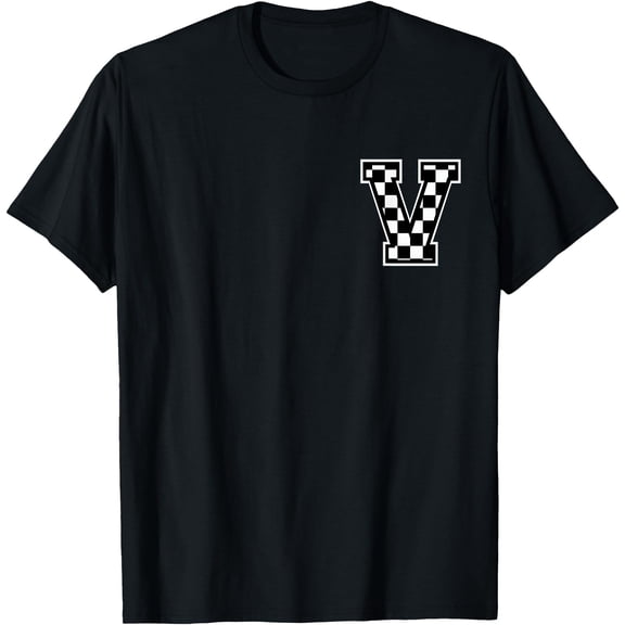 Letter V Initial Monogram Checkered Flag Racing Monogram T-Shirt , Vintage T-Shirt