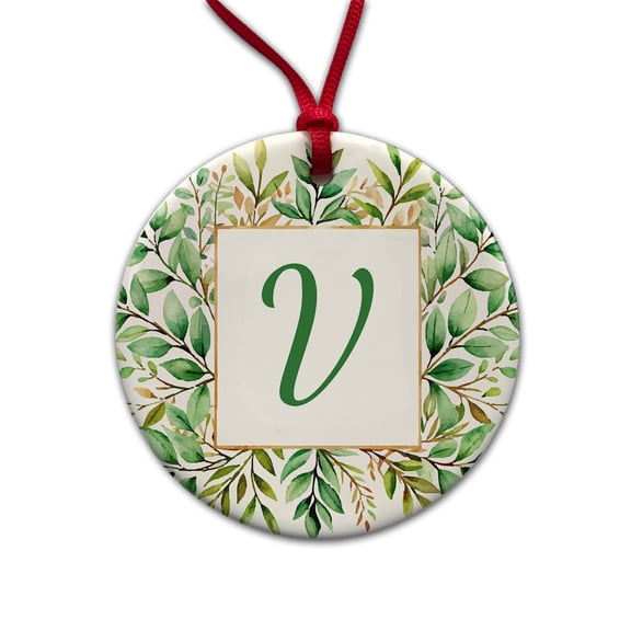 Letter V Initial Monogram Frame Leaf Christmas Tree Holiday Round Ceramic Ornament