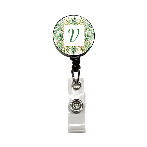Letter V Initial Monogram Frame Leaf Retractable Reel ID Badge Key Card Name Tag Holder with Clip