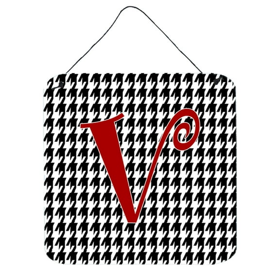 Letter V Initial Monogram - Houndstooth Black Wall or Door Hanging Prints