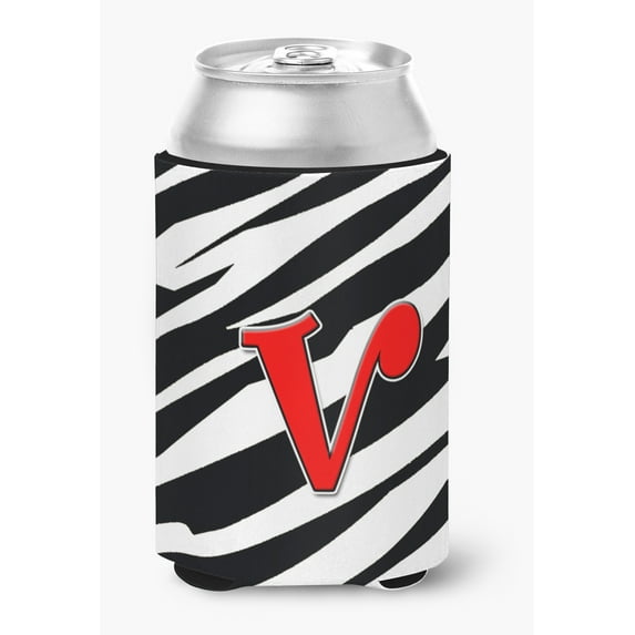 Letter V Initial Monogram - Zebra Red Can or Bottle Hugger