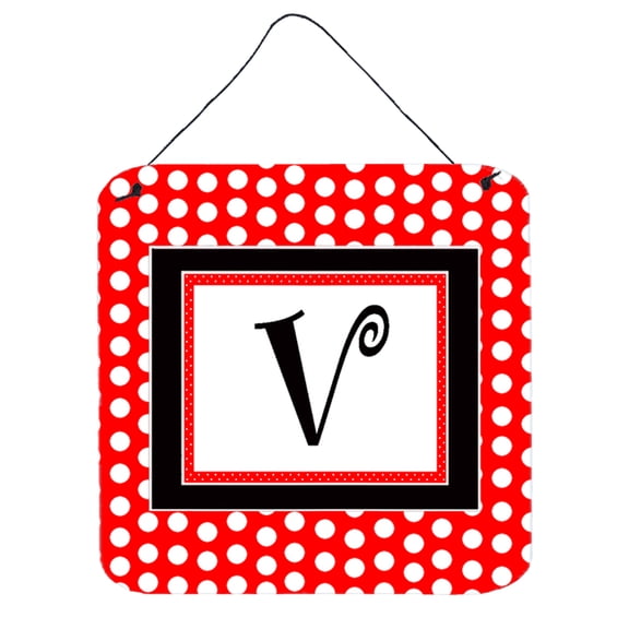 Letter V Initial  - Red Black Polka Dots Wall or Door Hanging Prints