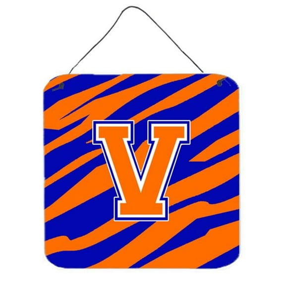 Letter V Initial Tiger Stripe - Blue Orange Aluminium Metal Wall Or Door Hanging Prints