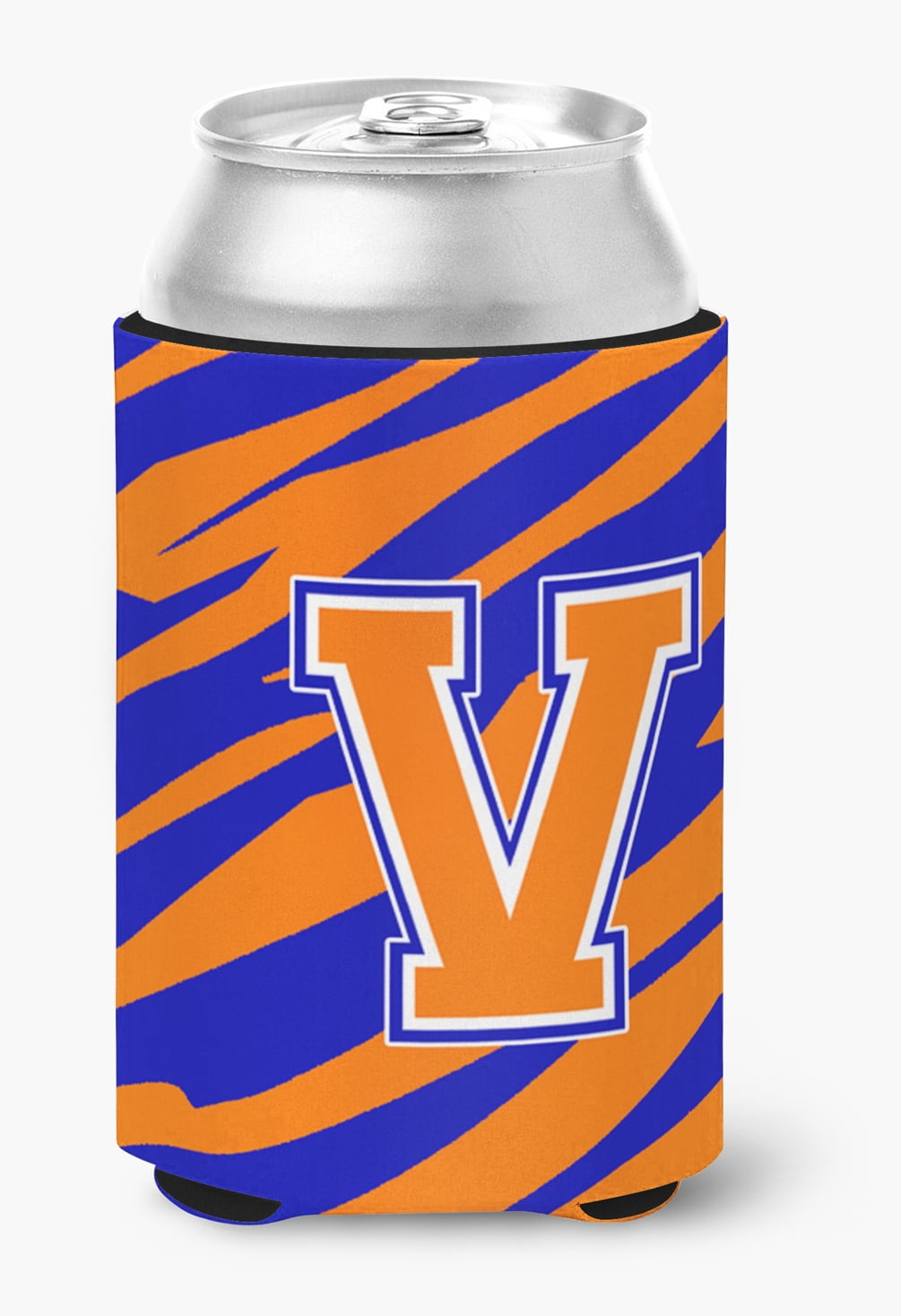 Letter V Initial Tiger Stripe - Blue Orange  Can or Bottle Hugger