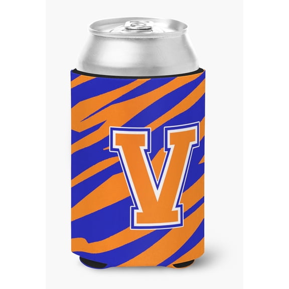 Letter V Initial Tiger Stripe - Blue Orange  Can or Bottle Hugger