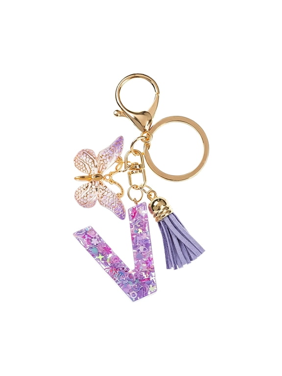 Letter V Keychain - 1pc Purple Resin Initial Key Chain with Butterfly & Tassel, Cute Bag Pendant Accessory Gift