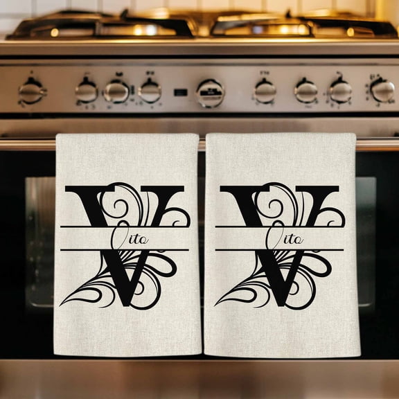 Letter V Kitchen Towels Set of 4, Monogram Words Absorbent Dish Towels for Kitchen, Microfiber Hand Towel, Quick Drying Tea Towel for Cleaning Decorative Dishcloths