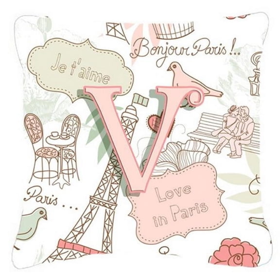 Letter V Love In Paris Pink Canvas Fabric Decorative Pillow - Pink - 14 L x 3 W x 14 H in.