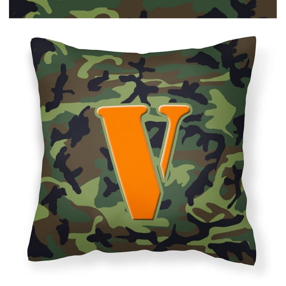 Letter V Monogram - Camo Green Fabric Decorative Pillow