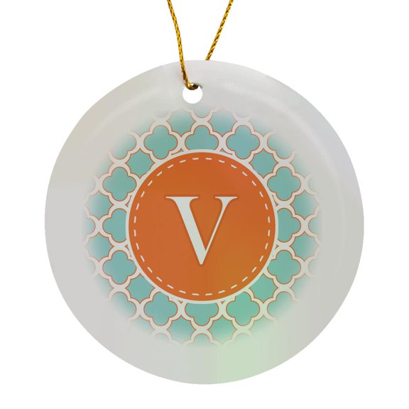 3drose, Letter V Monogram Orange and Blue Quatrefoil Pattern, Circle Porcelain Ornament