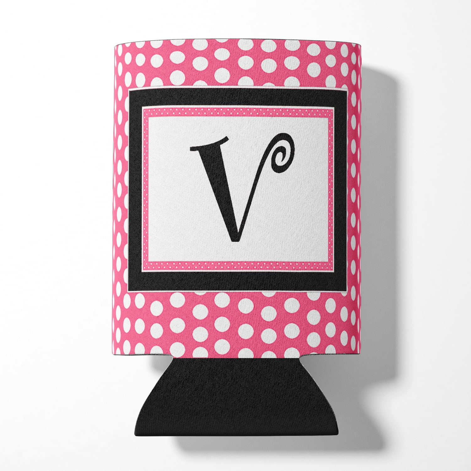 Letter V Monogram - Pink Black Polka Dots Can or Bottle Hugger
