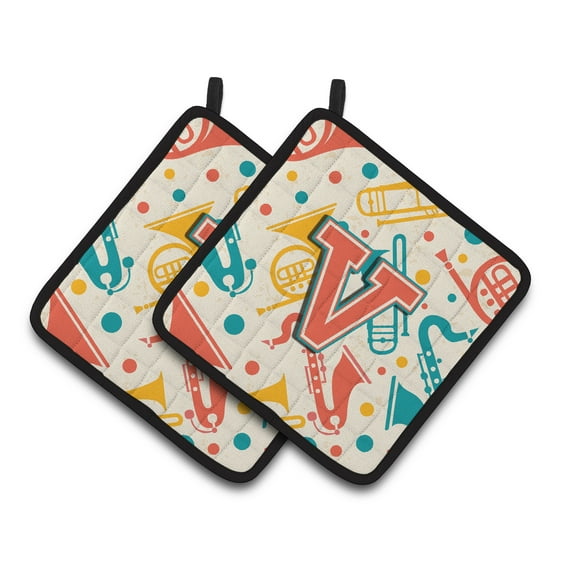 Letter V Retro Teal Orange Musical Instruments Initial Pair of Pot Holders