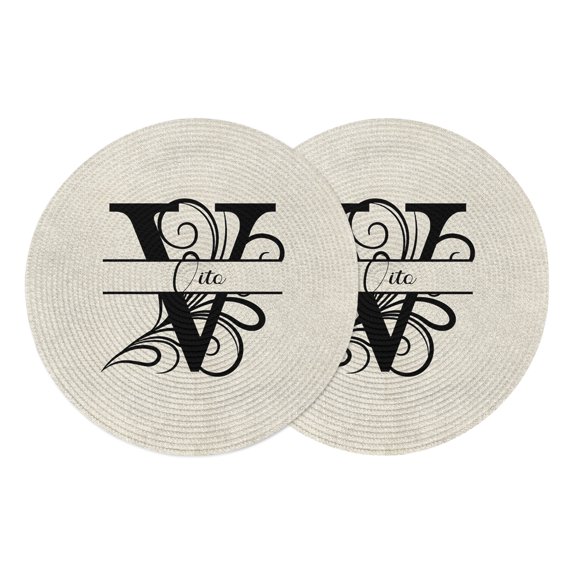 Letter V Round Placemats Set of 2, Braided Polypropylene Place Mats, Monogram Words Washable Table Mats for Kitchen Dinner Holiday Wedding Party Coffee Table Decoration 15"