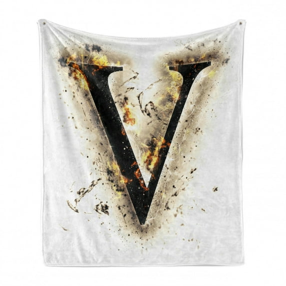 Letter V Soft Flannel Fleece Throw Blanket, V Shape Burning Cool Letter Design Hot Alphabet Image Digital Artwork, Cozy Plush for Indoor and Outdoor Use, 70" x 90", Orange Black Tan, by Ambesonne