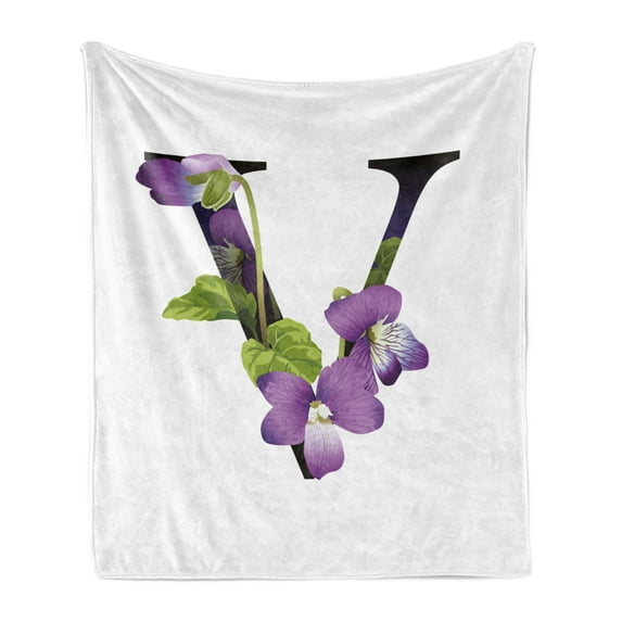 Letter V Soft Flannel Fleece Throw Blanket, Viola Sororia Wildflowers on the V Natural Arrangement Floral Initial, Cozy Plush for Indoor and Outdoor Use, 50" x 70", Violet Green Black, by Ambesonne