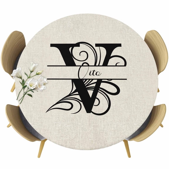Letter V Table Cloth, Round Fitted Tablecloths with Elastic Edge, Monogram Words Wipeable Waterproof Table Cover for Kitchen Wedding 45-54 Inches
