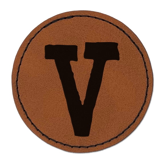 Letter V Uppercase Cute Typewriter Font 2.5" Faux Leather Round Engraved Iron-On Patch - Brown