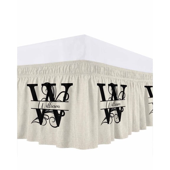 Letter W Bed Skirt Queen Size, Monogram Words Wrap Around Bed Skirting with Adjustable Elastic Strap, Dust Ruffle Pleated Bedskirts 16 Inch Drop for Bedroom Queen Beds
