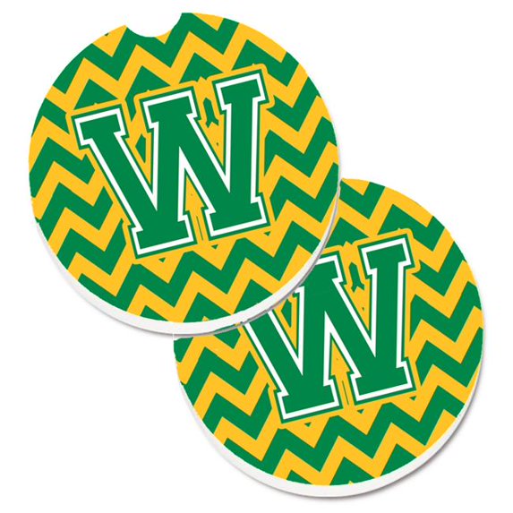 Letter W Chevron Green & Gold Set of 2 Cup Holder Car Coaster