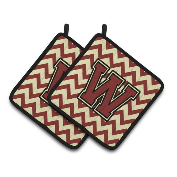 Letter W Chevron Maroon and Gold Pair of Pot Holders