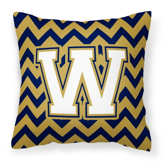 Letter W Chevron Navy Blue and Gold Fabric Decorative Pillow