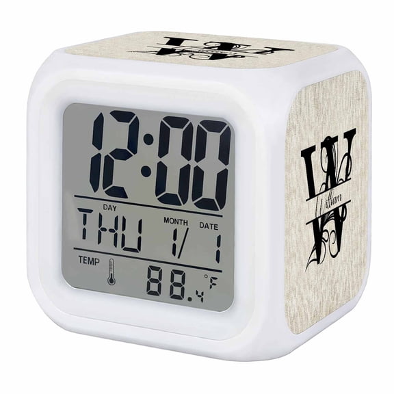 Letter W Digital Alarm Clock for Bedrooms, Smart LED Alarm Clock with 7 Color Changing Night Light, Monogram Words Silent Wake Up Clocks for Sleep Study Cooking 3.2"x3.2"
