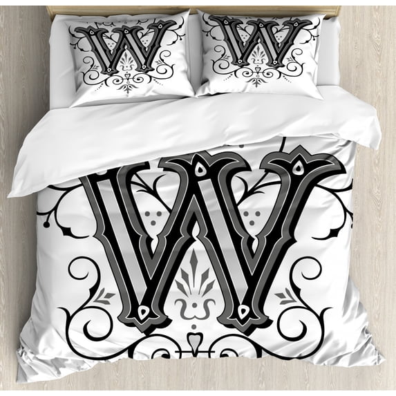 Letter W Duvet Cover Set King Size, Capitalized Letter W with Symmetrical Ornaments Abstract Artwork Lines Dots, Decorative 3 Piece Bedding Set with 2 Pillow Shams, Black Grey White, by Ambesonne