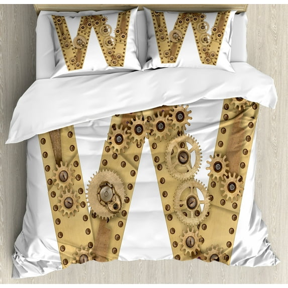 Letter W Duvet Cover Set Queen Size, Steampunk Style Automated ABC Symbol Uppercase W Gears Structure Worn Look Print, Decorative 3 Piece Bedding Set with 2 Pillow Shams, Sand Brown, by Ambesonne
