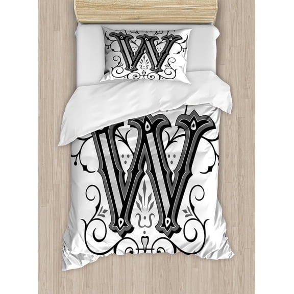 Letter W Duvet Cover Set Twin Size, Capitalized Letter W with Symmetrical Ornaments Abstract Artwork Lines Dots, Decorative 2 Piece Bedding Set with 1 Pillow Sham, Black Grey White, by Ambesonne