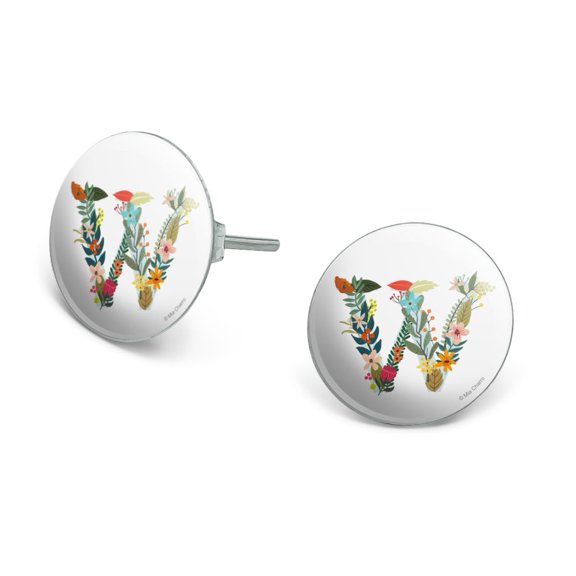Letter W Floral Monogram Initial Novelty Silver Plated Stud Earrings