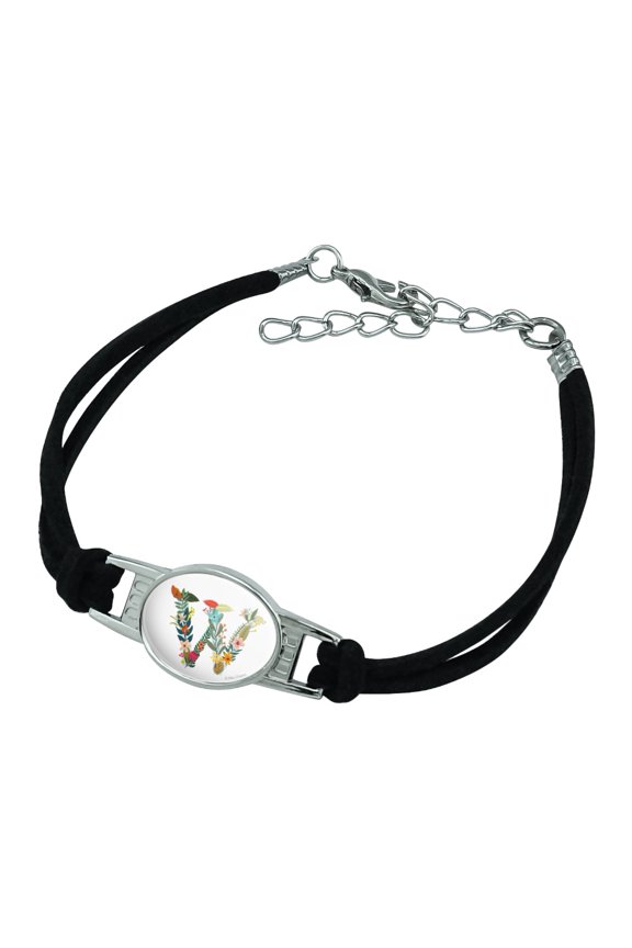 Letter W Floral Monogram Initial Novelty Suede Leather Metal Bracelet