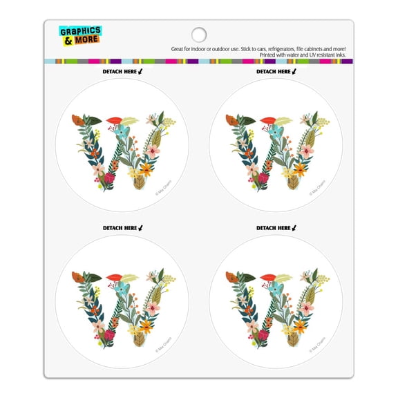 Letter W Floral Monogram Initial Refrigerator Fridge Locker Vinyl Circle Magnet Set
