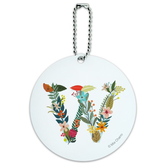 Letter W Floral Monogram Initial Round Luggage ID Tag Card Suitcase Carry-On