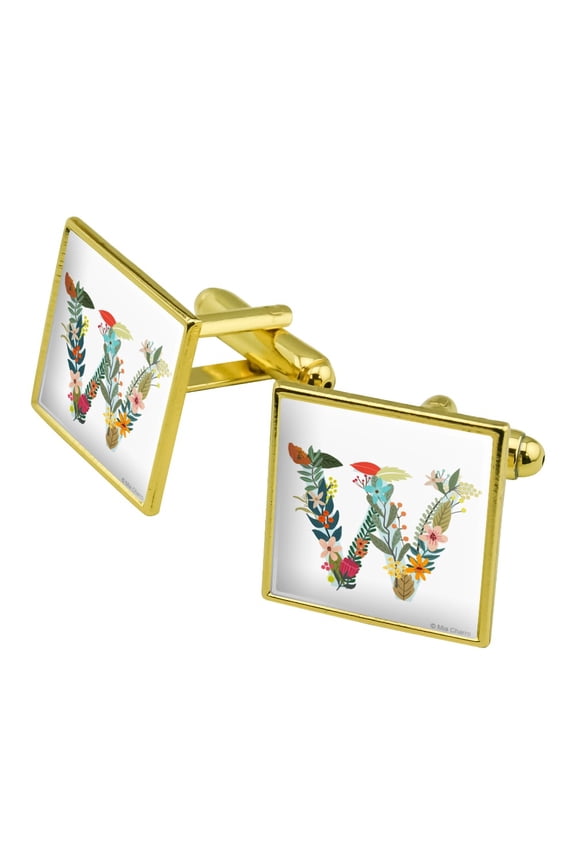 Letter W Floral Monogram Initial Square Cufflink Set - Silver or Gold