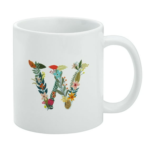 Letter W Floral Monogram Initial White Mug