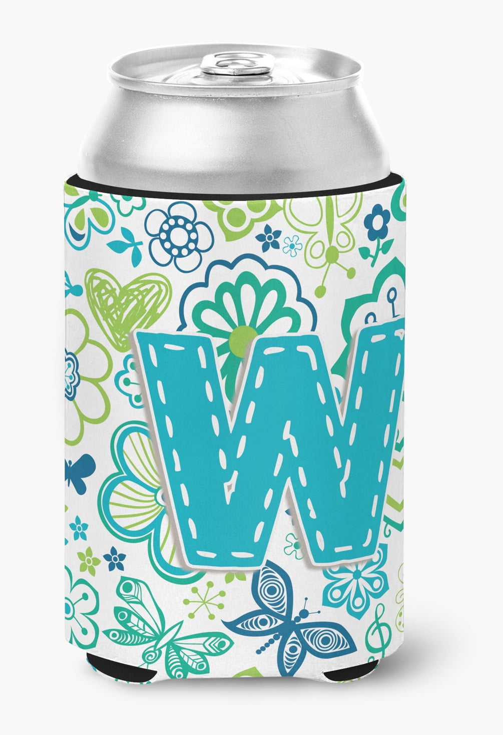 Letter W Flowers and Butterflies Teal Blue Can or Bottle Hugger