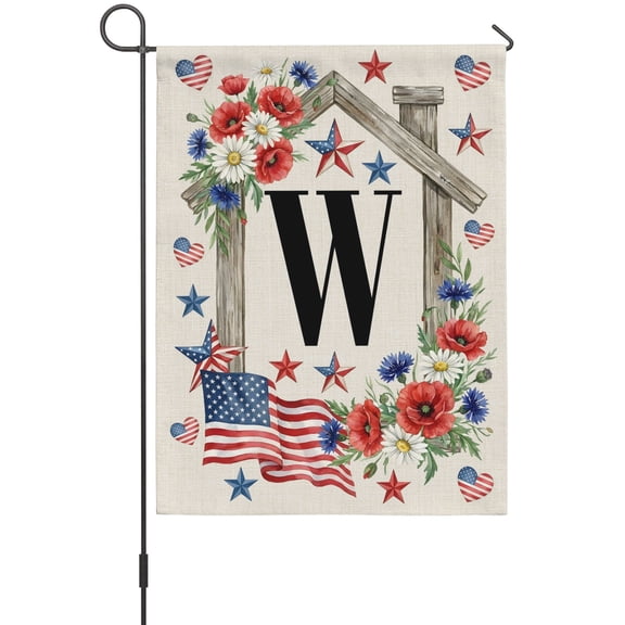Letter W Garden Flag 12 x 18 Inches, Patriotic US Flag Wooden Frame Red Blue Floral Linen Texture Weather Proof Outdoor Patio Flags Double Sided Small Garden Decoration for Yard Outside Home