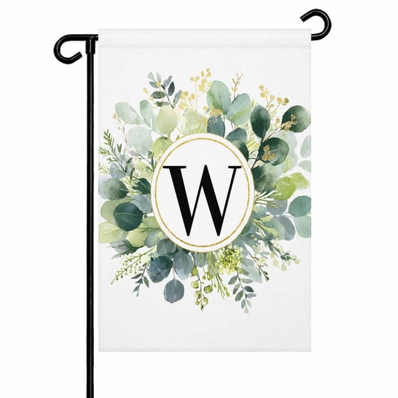 Letter W Garden Flag 28x40 Inch Alphabet Green Eucalyptus Leaves Plant Simple Double Sided Small Decorative Garden Flags for Outside, Outdoor Yard Porch Lawn Decoration