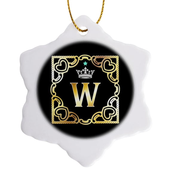3drose, Letter W- Image of Monogram with Crown and Blue Star- Not Metal Foil, 3 inch Snowflake Porcelain Ornament