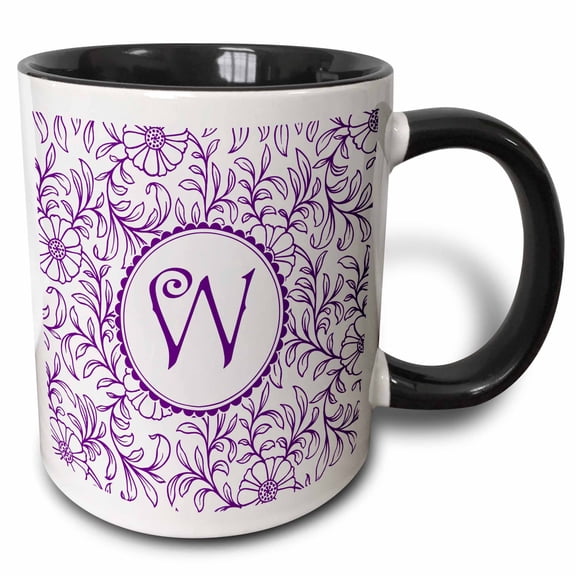 3drose, Letter W in Circle over Swirly Floral Pattern in Purple and White, 11oz Two-tone Black Mug