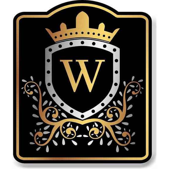Letter W Initial Fancy Gold Crown BLACK Aluminum Composite Sign 20''x24''
