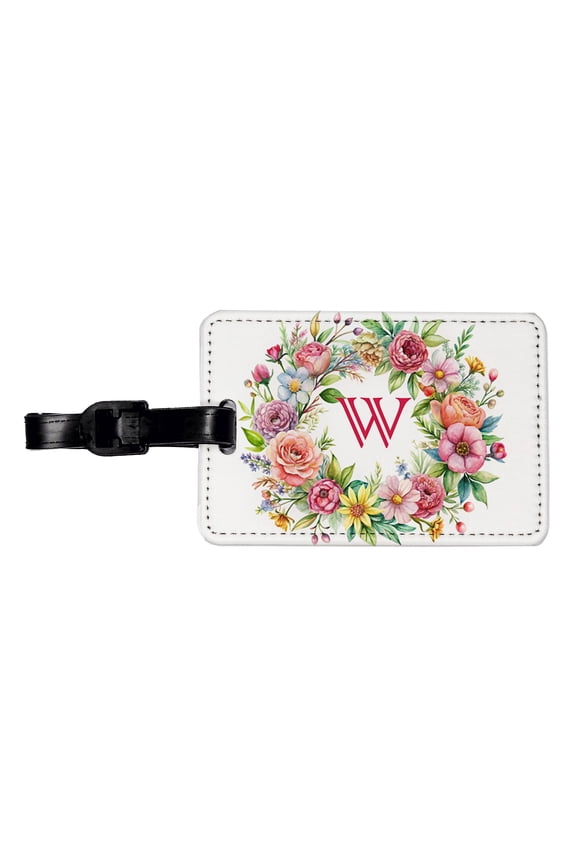 Letter W Initial Monogram Flowers Floral Faux Leather Travel Luggage Tag