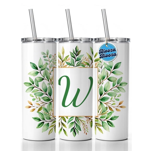 Letter W Initial Monogram Frame Leaf 20oz Insulated Water Bottle Skinny Tumbler Includes Straw
