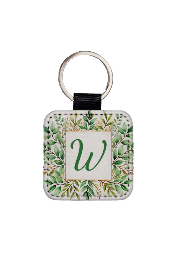 Letter W Initial Monogram Frame Leaf Faux Leather Square Keychain
